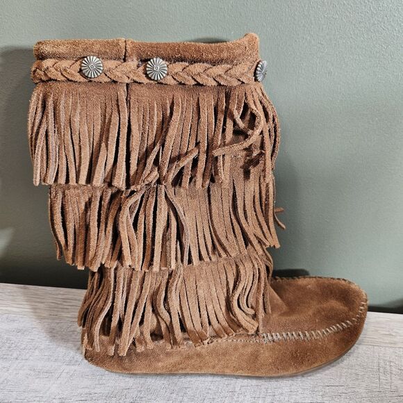 Minnetonka Womens 3 Brown Rust Suede Leather Fringe 3 Layer Tall Boots Moccasin - Picture 7 of 12
